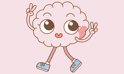 Cute cartoon brain characters with big eyes, wearing sneakers, and making peace signs. Perfect for educational designs, kid-friendly illustrations, motivational learning materials