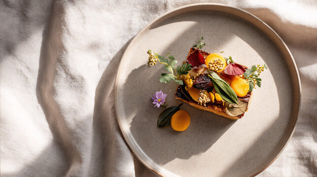 Artistic presentation of a gourmet dish with colorful vegetables and edible flowers on a plate.