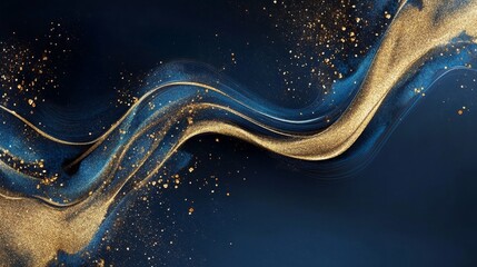Stunning Elegant Gold and Navy Blue Abstract Background with Fluid Art and Glittering Shine Elements