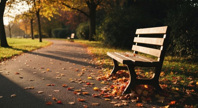 A park path curves past a bench, bathed in golden sunlight with fallen leaves