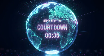 Mesmerizing digital Earth hologram with a bright, glowing countdown, illustrating global anticipation and modern technology for a celebratory New Year transition