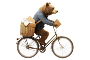 Anthropomorphic bear riding a bicycle with a basket full of mail isolated on transparent background. Bear on a bicycle delivering mail in the neighborhood isolated on white background.
