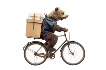 Anthropomorphic bear riding a bicycle with a basket full of mail isolated on transparent background. Bear on a bicycle delivering mail in the neighborhood isolated on white background.