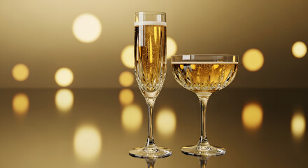 Elegant crystal glasses filled with sparkling golden champagne reflecting festive bokeh lights on a glossy surface, perfect for New Year's Eve, anniversaries, or special celebrations