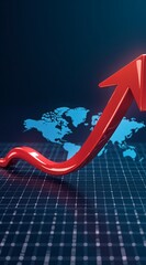 Fototapeta premium A glowing red upward arrow curves across a futuristic grid, symbolizing global growth and progress against a teal world map backdrop.