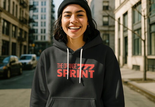 Smiling Person Wearing Hoodie Mockup PSD