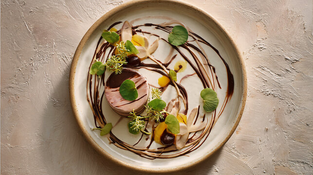 An artfully plated gourmet dessert with chocolate sauce swirls, edible flowers, and fresh herbs on a rustic ceramic dish.