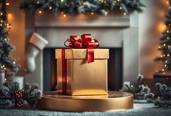 Gold Gift Box with Red Ribbon on Pedestal Amidst Christmas Decorations
