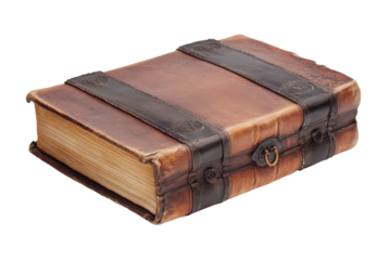 Antique leather bound book with metal clasps isolated on transparent background. Blank book isolated on white background.