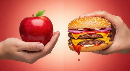 Two hands holding a red apple and a double cheeseburger with dripping sauce isolated on white background
