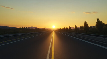 Obraz premium Sunset over a deserted highway with mountains in the background during twilight hours