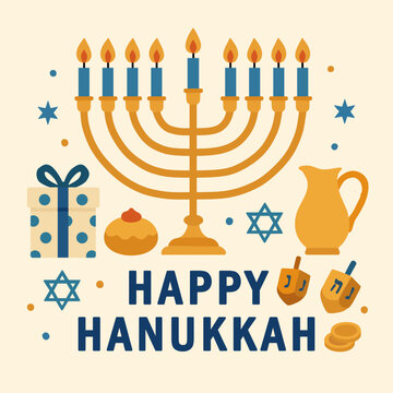 Happy Hanukkah wishes card with traditional Jewish symbols. Vector greetings illustration with a menorah for the Festival of Eight Candles or Festival of Lights 