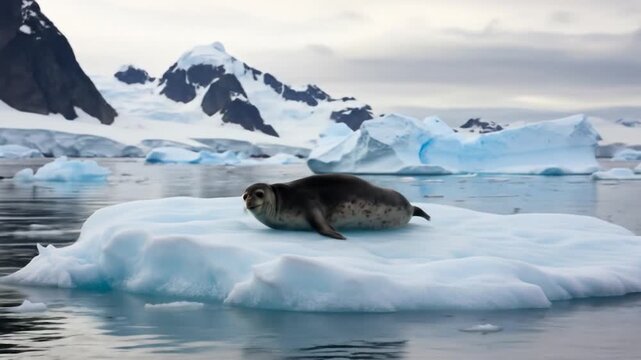 Leopard seal rests on ice floe, Antarctic mountains and icebergs in background