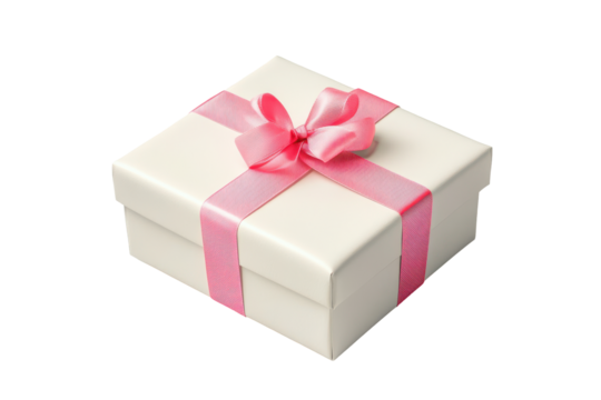 A simple beige gift box with a red ribbon isolated on transparent background. Blank box isolated on white background.
