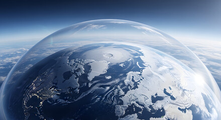 Planet Earth viewed from orbit with a transparent protective shield, illustrating the concept of atmospheric defense and climate change awareness