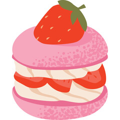 Pink Macaron Cake With Strawberry On Top And Sliced Strawberries Inside Surrounded By Cream In A CloseUp Studio Shot Against A White Backdrop