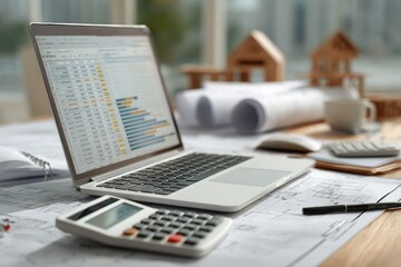 supply chain manufacturing cost concept. Workspace with a laptop displaying data and architectural plans.