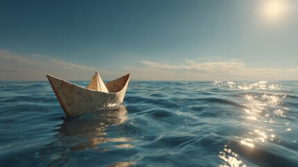 Obraz premium Paper Boat Sailing Alone on Calm Blue Water Under Bright Sunny Sky in Serene Landscape Concept of Life and Journey