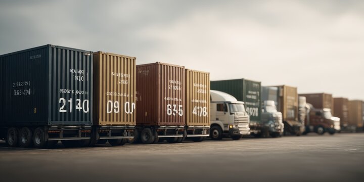 supply chain manufacturing cost concept. Trucks and shipping containers lined up in a freight yard under a cloudy sky.