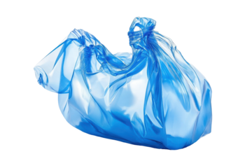 Wrinkled blue plastic bag isolated on transparent background. Blue empty plastic bag isolated on white background.