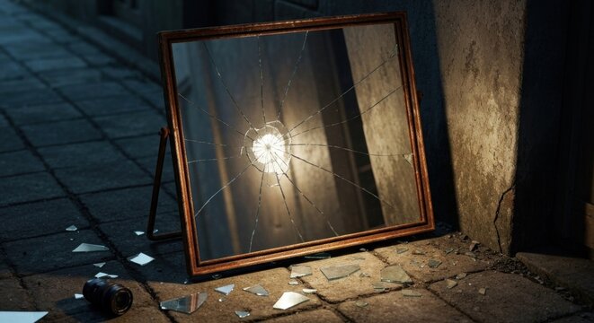 A shattered mirror, framed in wood, rests on an alleyway surface. Cracks radiate from center