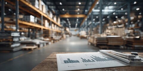 supply chain manufacturing cost concept. Warehouse interior with charts on table, showcasing industrial space and organization.