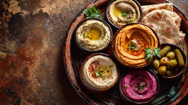 A vibrant platter showcasing a variety of colorful hummus dips, garnished with herbs and olive oil, served with pita bread and pickles.