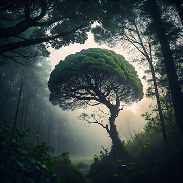 Dark silhouette of a tree in the night with a dark sky and mist