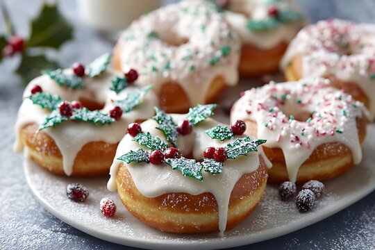 A platter of festive doughnuts decorated with white icing, holly leaf sprinkles, and powdered sugar