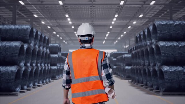 Back of Asian Male Engineer Holding Blueprint While Walking in Warehouse of Steel Wire Rod