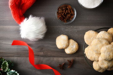 Detail of anise cookies on wooden table Christmas decoration top
