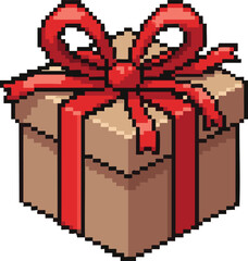 Pixel Art Gift Box with Red Ribbon - Retro Style Present Illustration