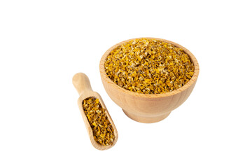 Mullein or Verbascum dried flowers in wooden bowl and scoop isolated on white background. Used in herbal medicine