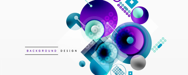 Fototapeta premium Abstract design features vibrant circles, squares, lines. Modern composition utilizes purple, blue hues, creating dynamic visual effect.