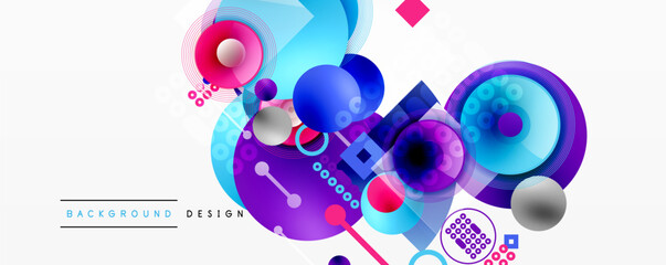 Abstract geometric shapes overlap, creating vibrant colorful design. Circles, squares, lines form dynamic composition. Modern aesthetic.