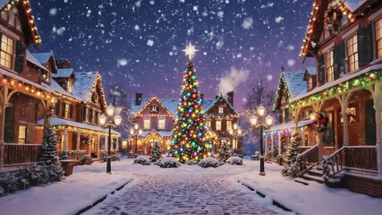 Cozy Christmas Town Scene with Snowfall - This video depicts a charming town square decorated for Christmas, with snow falling softly and houses adorned with colorful lights. - Powered by Adobe