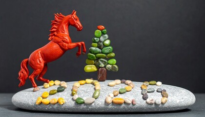 Red horse and stone tree on gray base with “2023” in colored pebbles