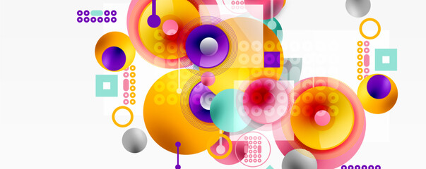 Abstract composition featuring colorful circles, squares, dots. Gradient hues create dynamic visual experience. Modern design elements present.