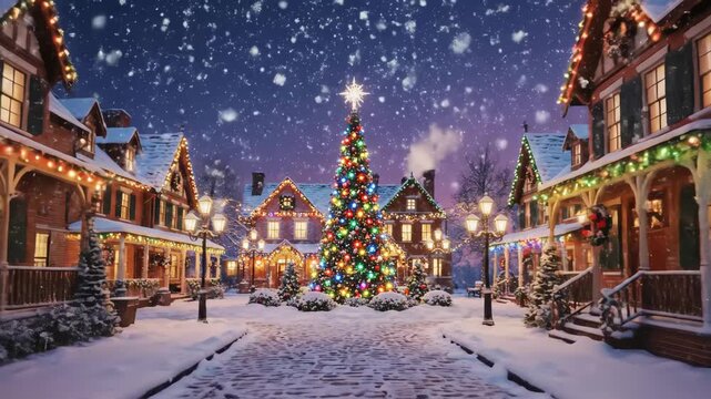 Cozy Christmas Town Scene with Snowfall - This video depicts a charming town square decorated for Christmas, with snow falling softly and houses adorned with colorful lights. - Powered by Adobe