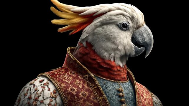 Elegant parrot in ornate attire against a dark background