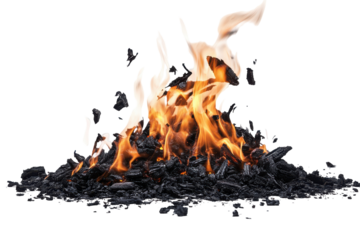 Fiery flames burning on black embers isolated on transparent background. Bright orange flames and black ashes isolated on white background.
