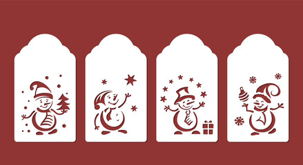 Christmas, New Year gift tags with carved funny snowmen