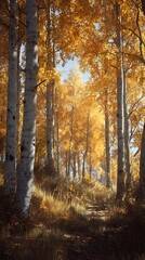 Fototapeta premium Sunlit aspen grove in fall landscape illustration images