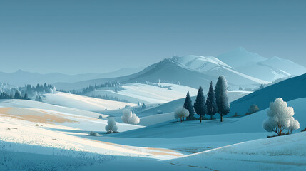 Peaceful winter landscape with snowy hills and mountains, calm minimal nature concept
