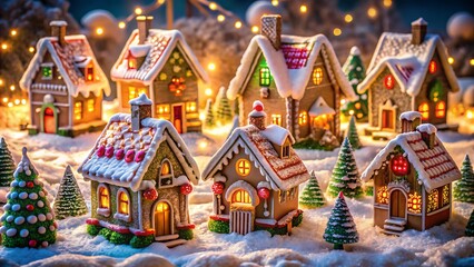 Charming illuminated gingerbread village with snow and festive lights isolated on white background