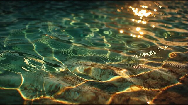 A close-up view of shimmering water with sun reflections, showcasing rippling surface patterns in varying shades of blue and green.