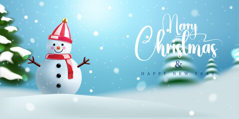 snow falling christmas seasonal winter outdoor background design with snowman. merry christmas and happy new year concept banner,greeting card vector illustration.