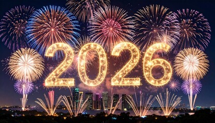 “2026” formed by fireworks over water with city silhouettes