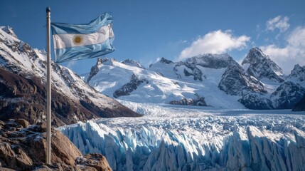 Stunning view of the Patagonian glacier with the Argentine flag fluttering in the wind under clear blue skies