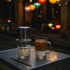 A traditional Vietnamese phin coffee dripper perched over a glass of condensed milk, creating ca phe sua da, next to a glass of iced coffee on a metal table in a Hoi An alley. 